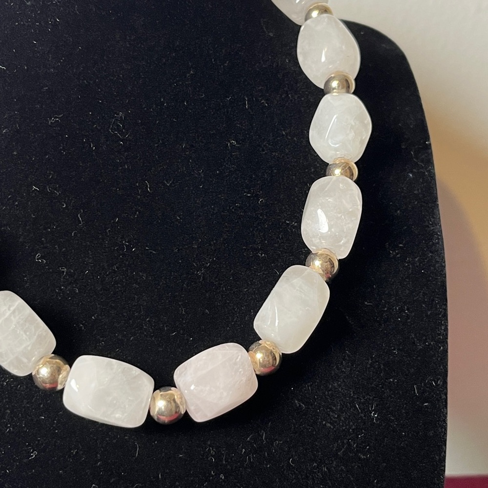 Sterling Silver Bead and White Agate Chunky Stone Necklace 17''L - Picture 3 of 6